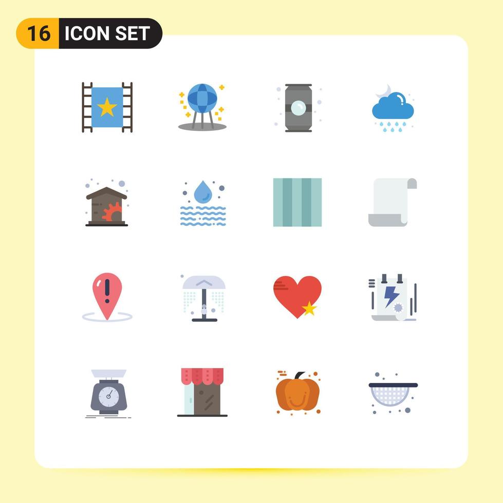 Group of 16 Flat Colors Signs and Symbols for moon rain bottle drop soft drink Editable Pack of Creative Vector Design Elements