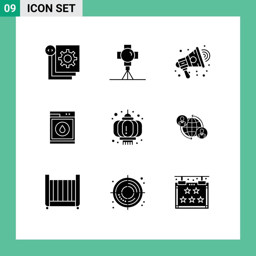 9 User Interface Solid Glyph Pack of modern Signs and Symbols of robbot machine movie laundry marketing Editable Vector Design Elements