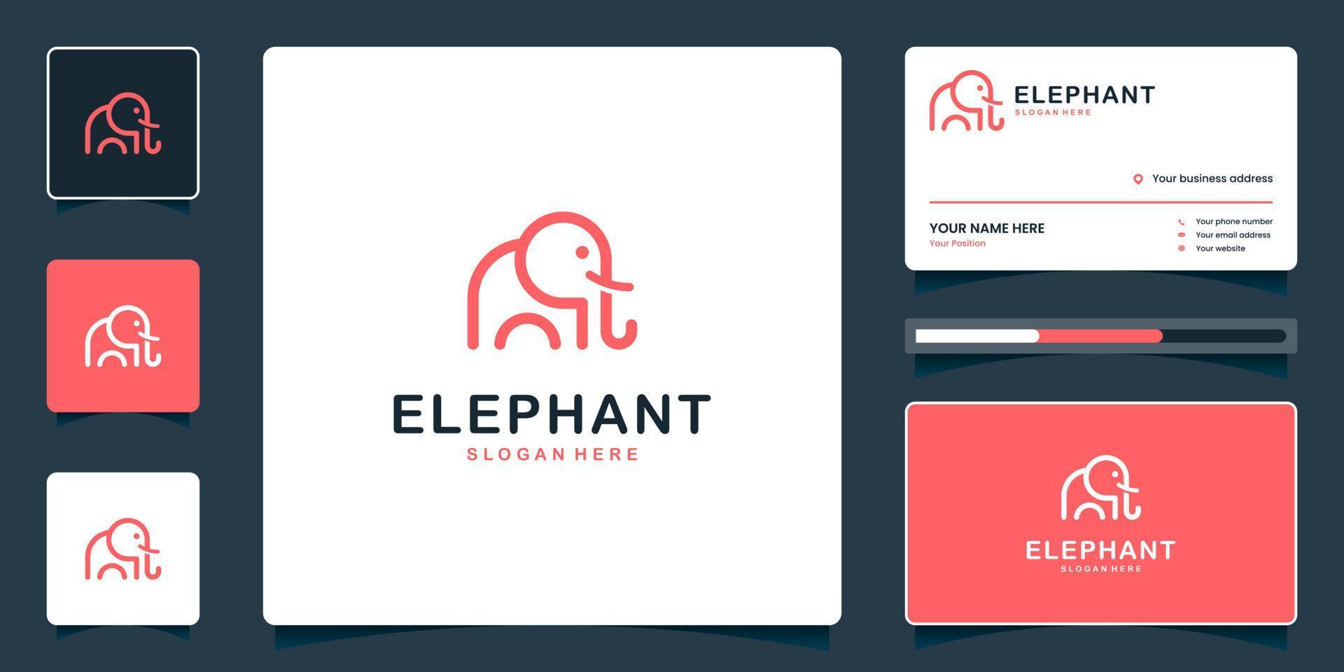 Minimalist cute elephant logo with line art style and business card template vector