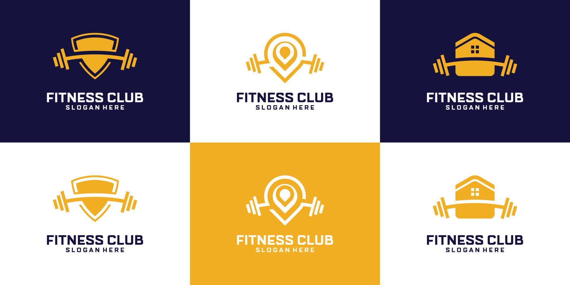conjunto de diseño de logotipo de gimnasio de fitness abstracto. barra combinada, ubicación del mapa, escudo y símbolo de estudio. vector