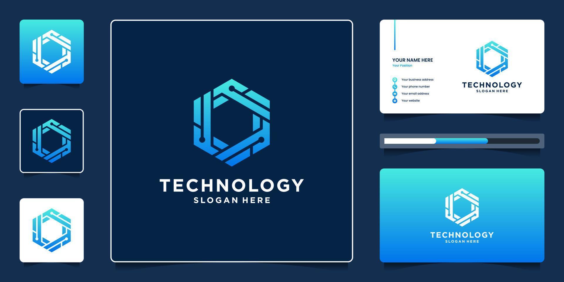 Abstract hexagon geometric technology logo design with dot and circuit symbol vector