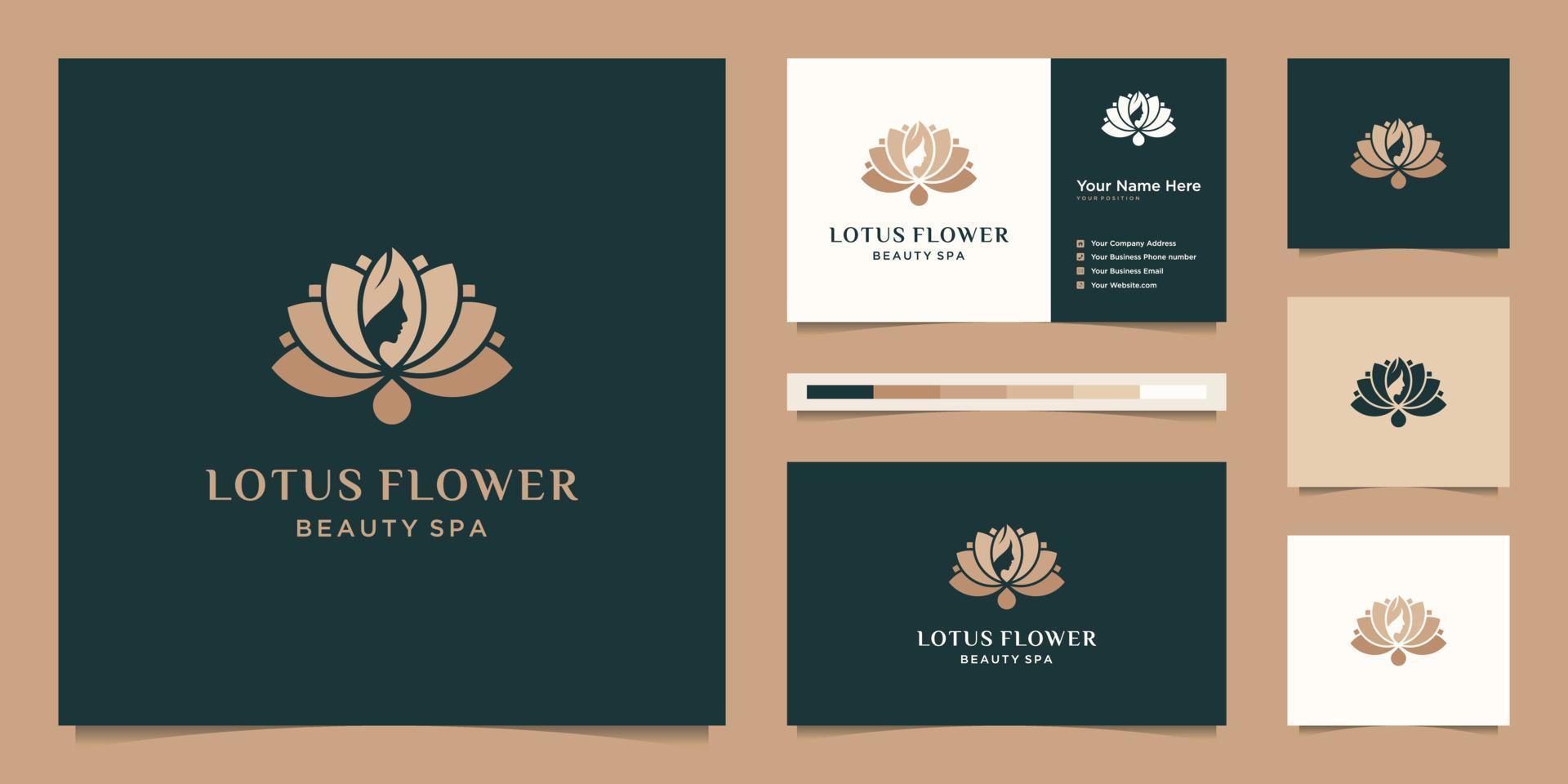 la flor de loto femenina y las mujeres se enfrentan a un símbolo natural para salón de belleza, cosmética, cuidado de la piel, yoga, tratamiento capilar y spa. diseño de logotipo y tarjeta de visita vector