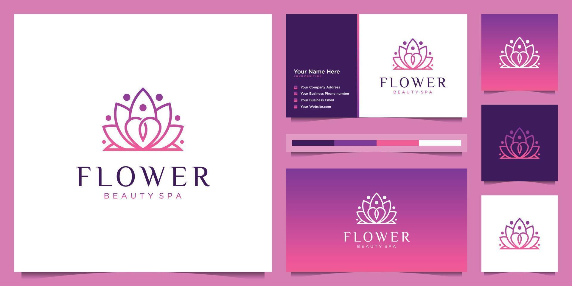 diseño de logotipo de flor y plantilla de tarjeta de visita. logotipo de forro de flor de loto de belleza femenino con color degradado vector