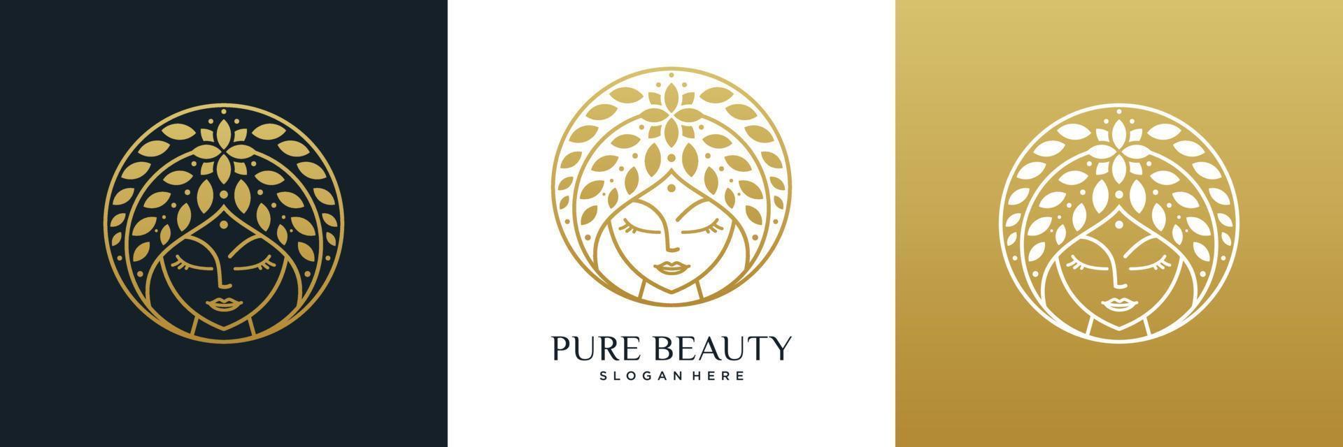 cara de mujer de belleza y diseño de logotipo de hoja natural. vector