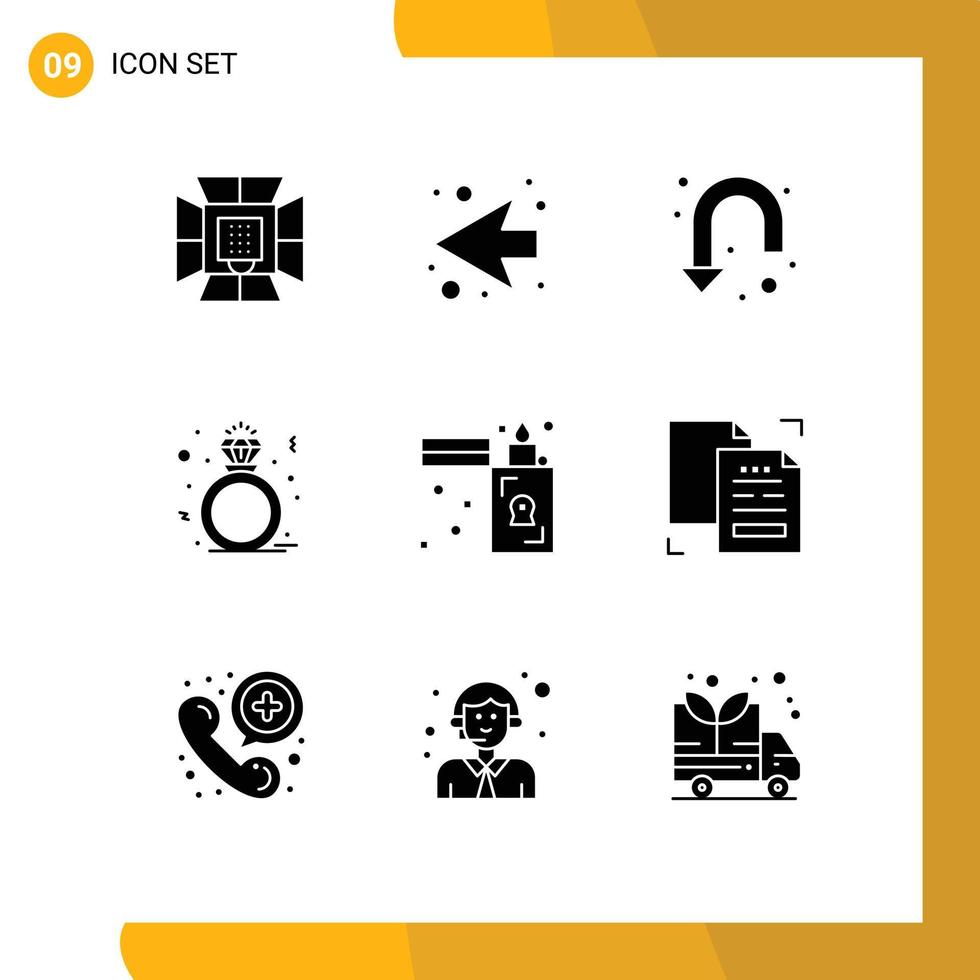 Editable Vector Line Pack of 9 Simple Solid Glyphs of flame gift arrow ring diamond Editable Vector Design Elements