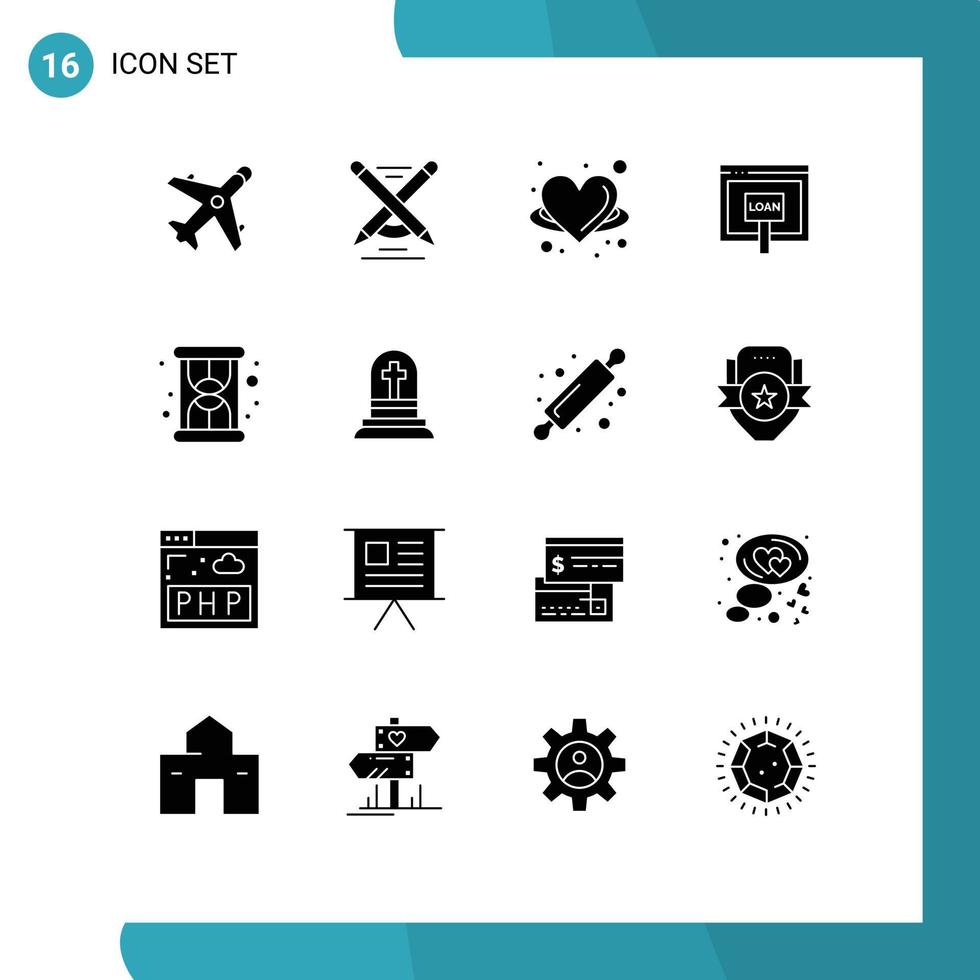 grupo de 16 signos y símbolos de glifos sólidos para elementos de diseño de vectores editables de ala de Internet de ángel de préstamo en línea
