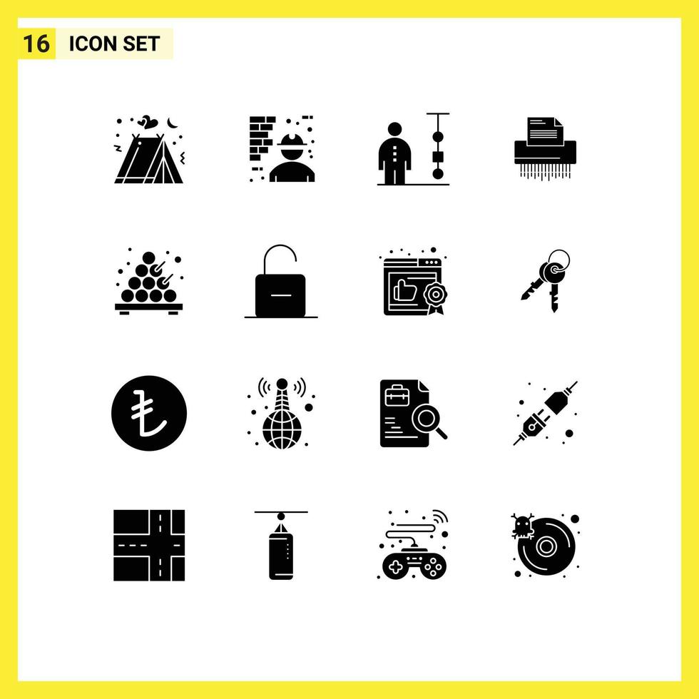 16 Universal Solid Glyph Signs Symbols of file confidential worker shredder corporate management Editable Vector Design Elements
