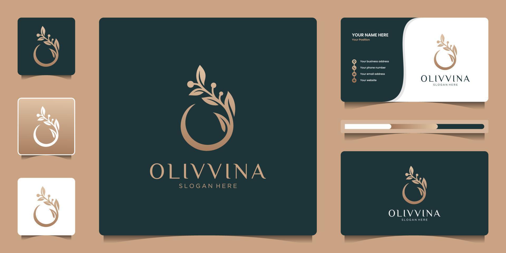 Olive oil logo design template with business card. Creative combine letter o and branch icon symbol. vector