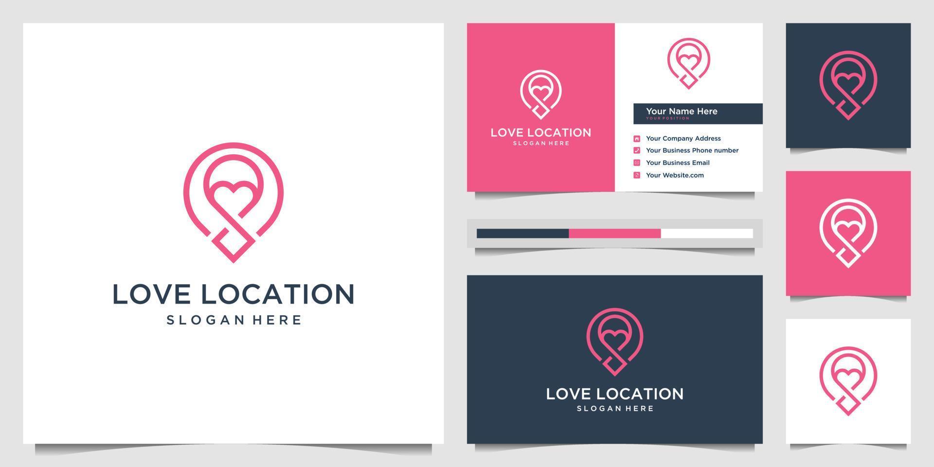 Creative love location combine heart and pin with concept line art style. logo design and business card vector
