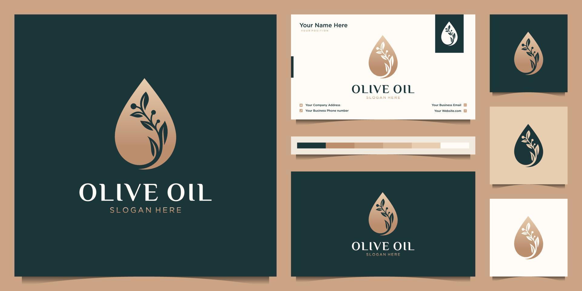 Olive oil flower branch tree luxury template, oil drop feminine logo design and business card vector