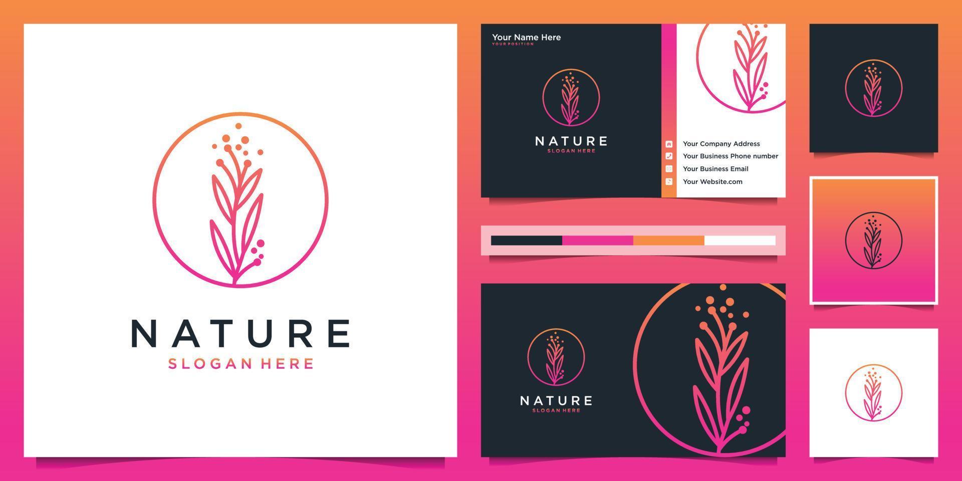 diseño de logotipo degradado moderno abstracto de flores y tarjeta de visita. productos de salón de belleza, moda, cuidado de la piel, cosméticos, yoga y spa. diseño de logo. vector