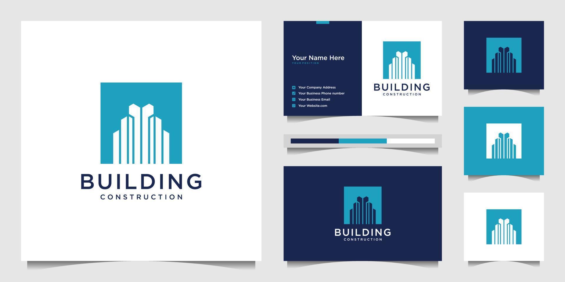 diseño de logotipo de construcción con concepto moderno. resumen de construcción de edificios de la ciudad para la inspiración del diseño del logotipo. diseño de logotipo y vector premium de tarjeta de visita