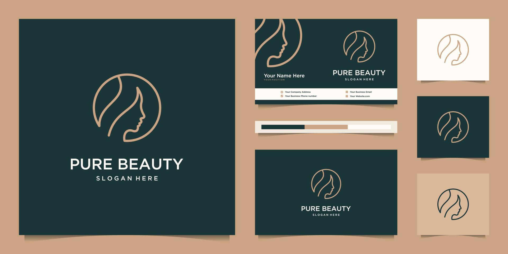 Elegant face woman hair salon gold gradient linear logo design and business card vector
