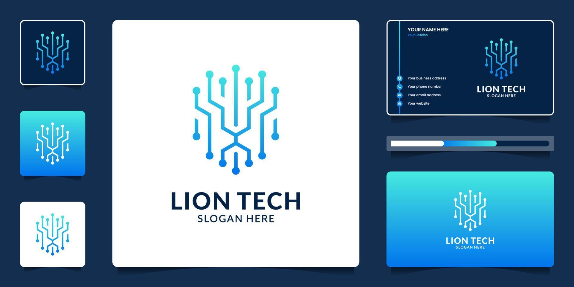 Lion head technology logo design and business card template. vector