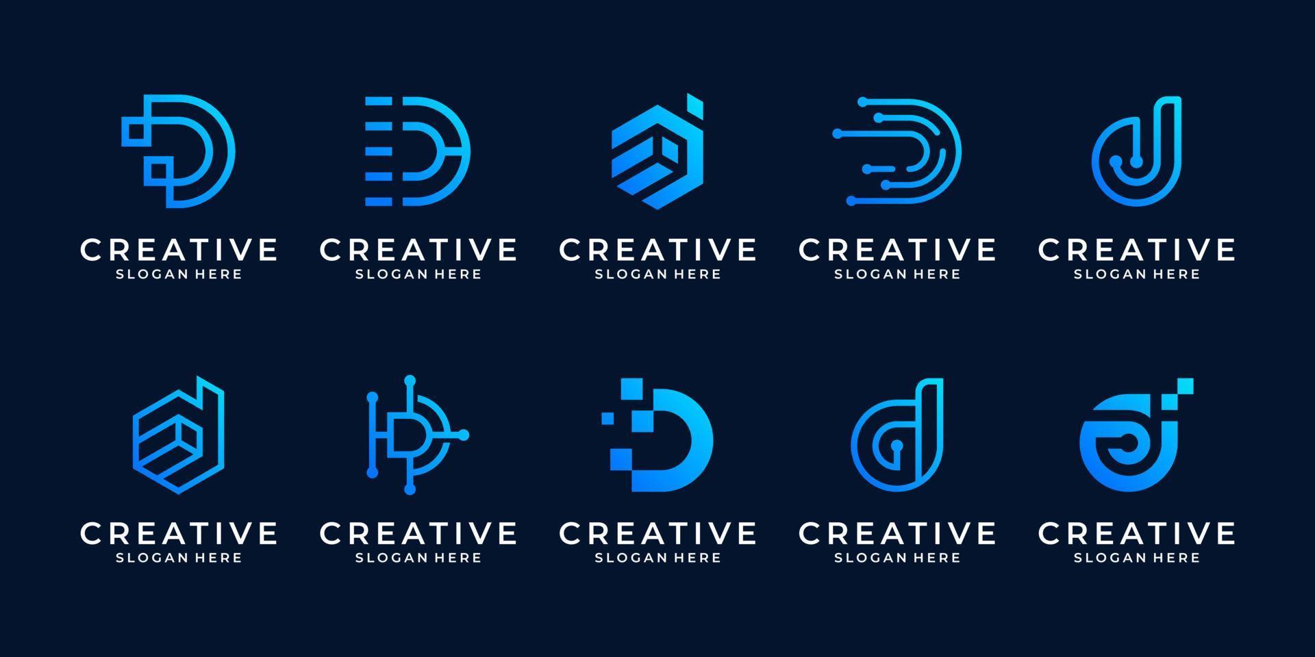 conjunto de plantilla de diseño de logotipo de letra d creativa. logotipos para negocios de tecnología, digital, simple. vector