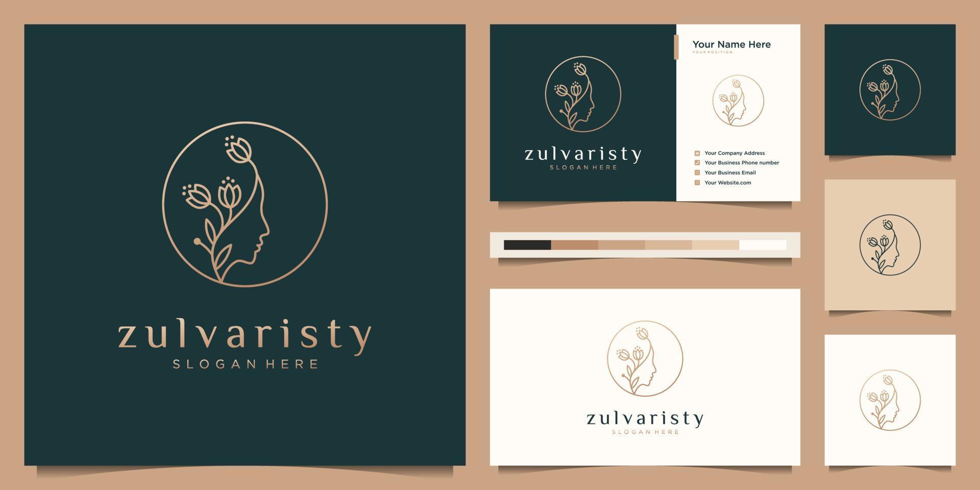 Beauty woman's face flower with line art style logo and business card design. feminine design concept for beauty salon, massage, magazine, cosmetic and spa. vector