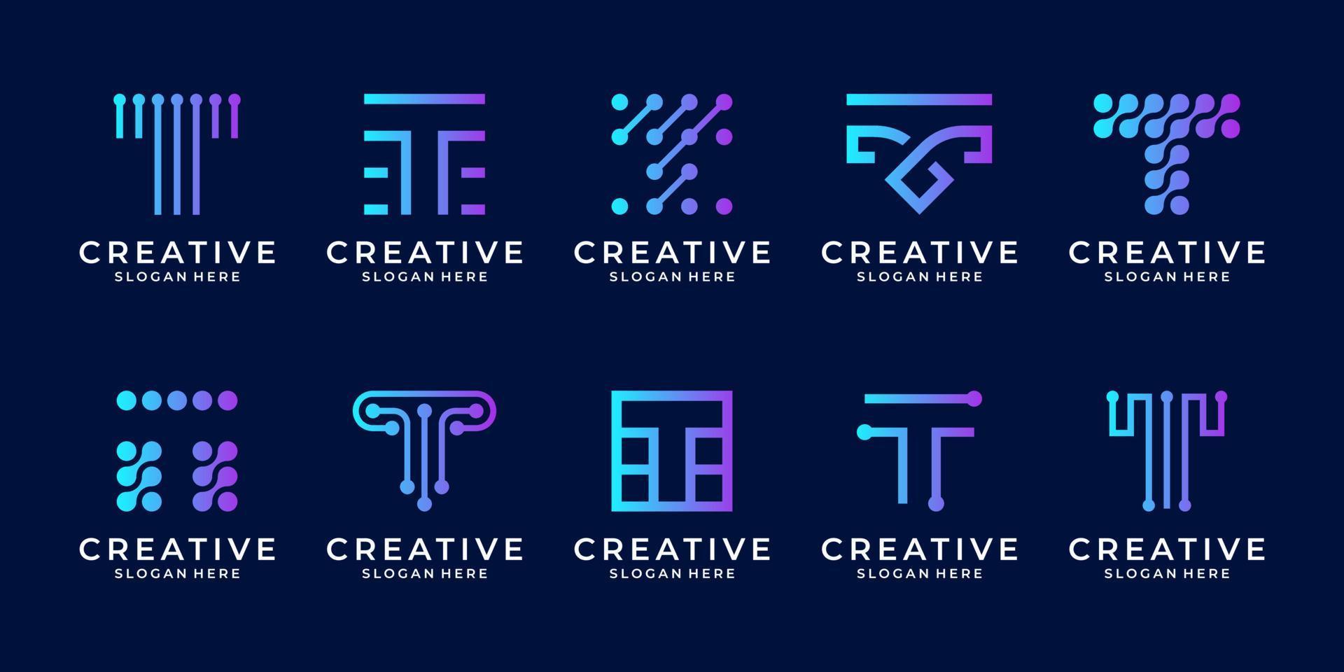 conjunto de plantilla de diseño de logotipo de tecnología digital moderna letra t creativa vector