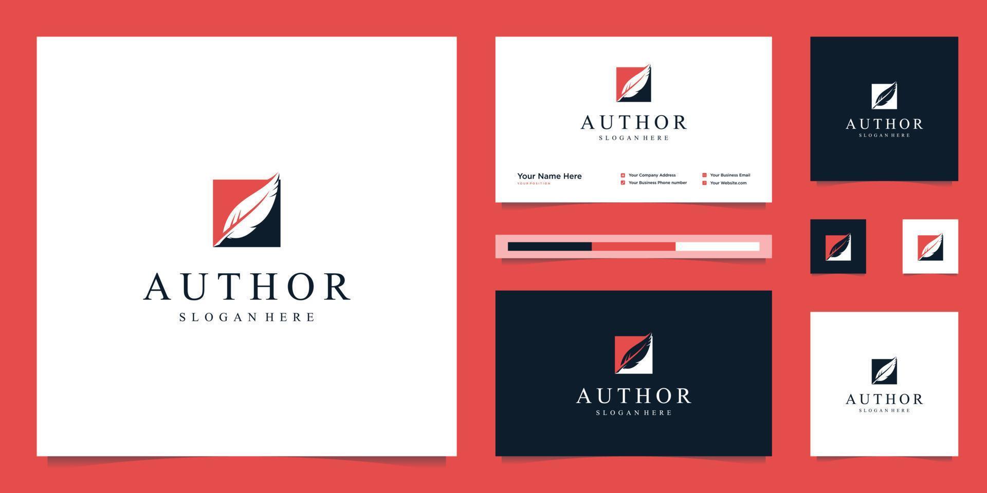 flat minimalist corporate feather, author, creator, signature logo design vector and business card.