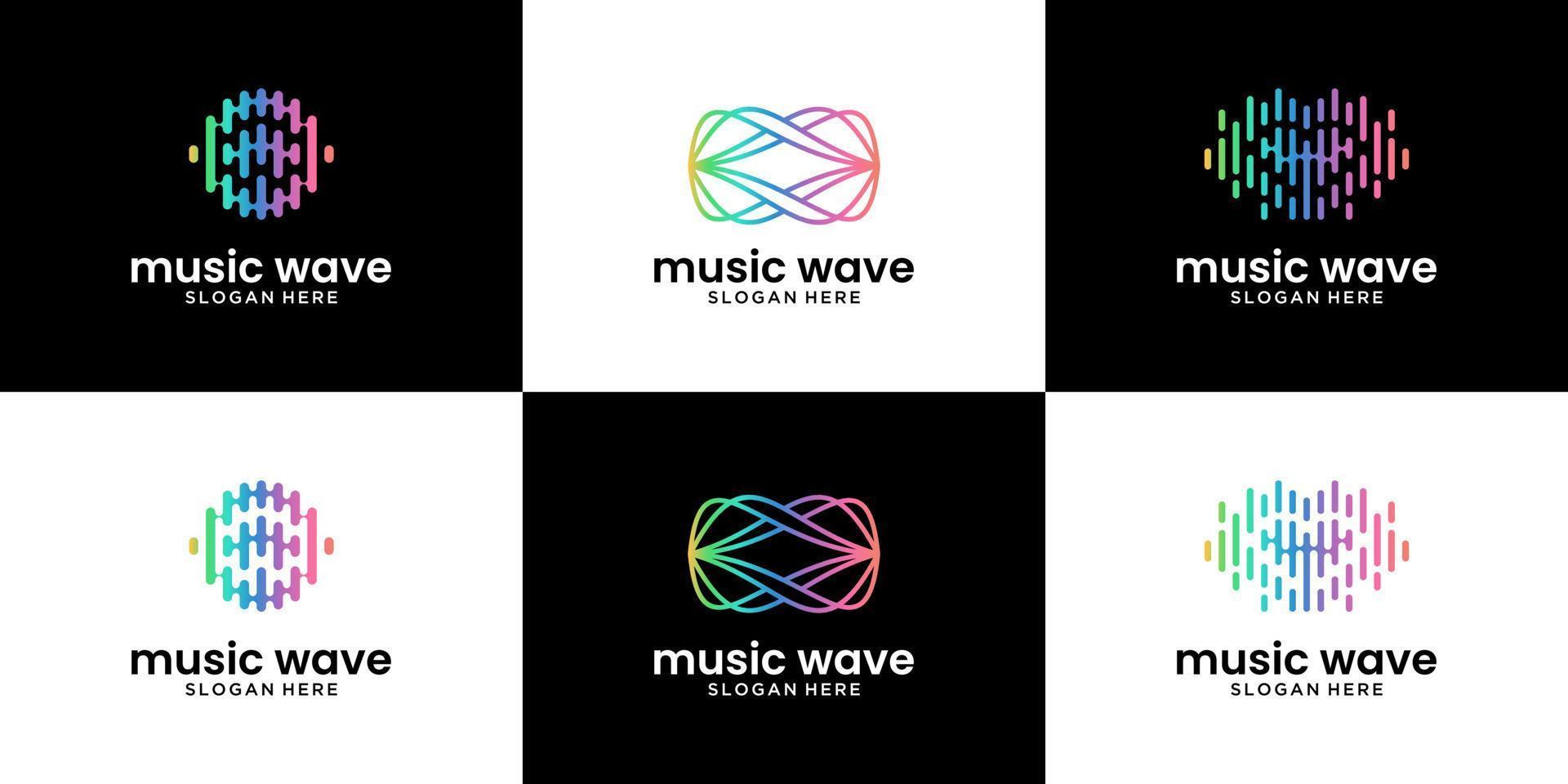 Set of abstract audio wave logo design. Gradient symbol electronic music, store, night club, disco, equalizer. vector