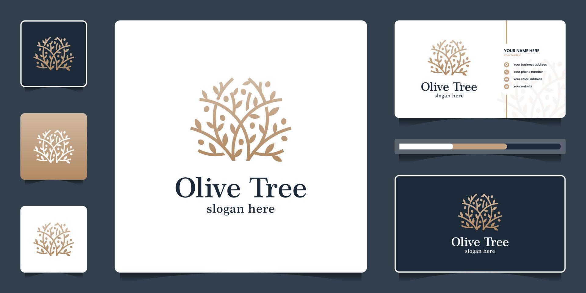 diseño de logotipo de olivo dorado y plantilla de tarjeta de visita vector