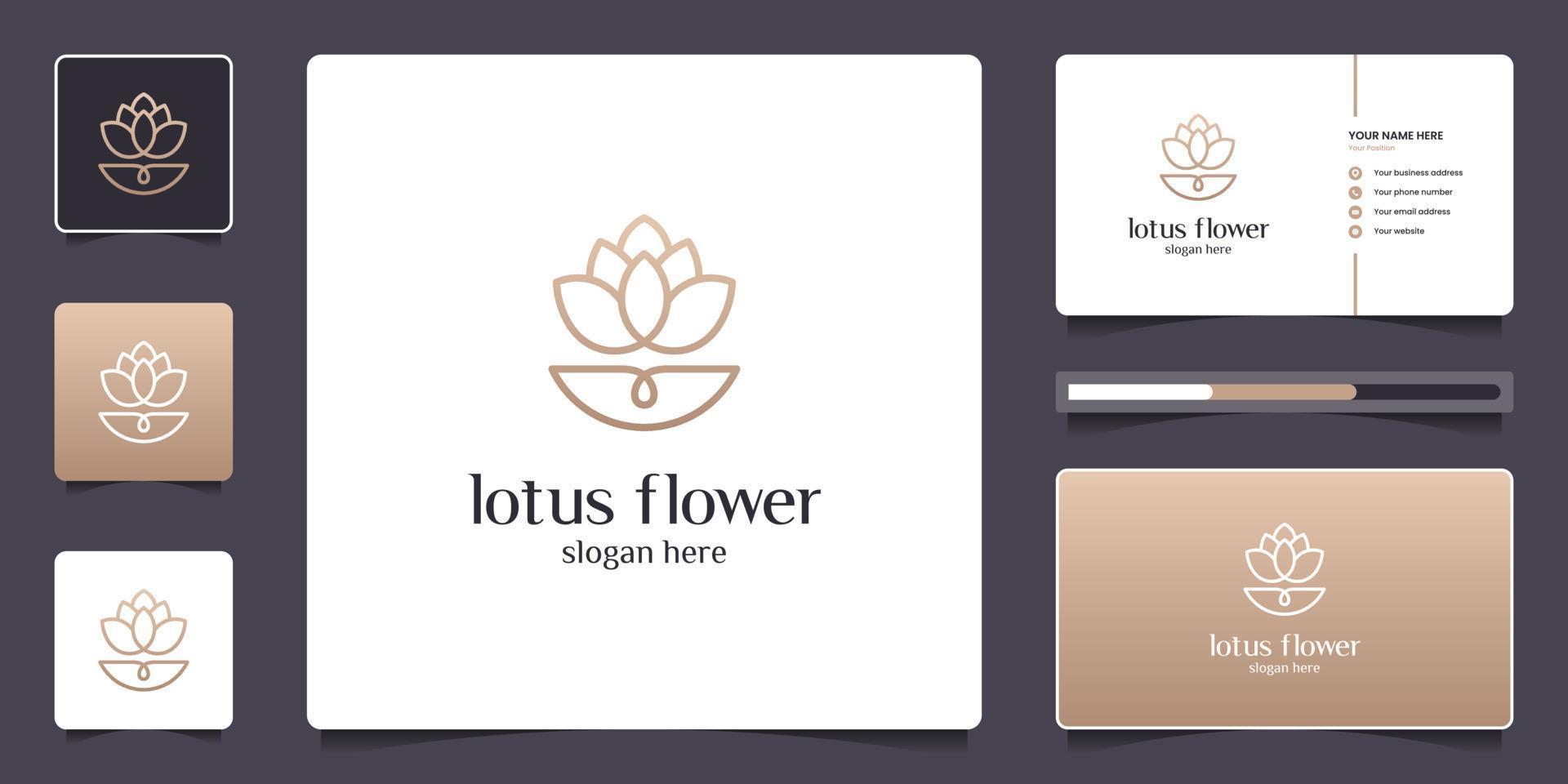 diseño de logotipo de flor de loto de lujo con estilo de arte de línea y tarjeta de visita vector