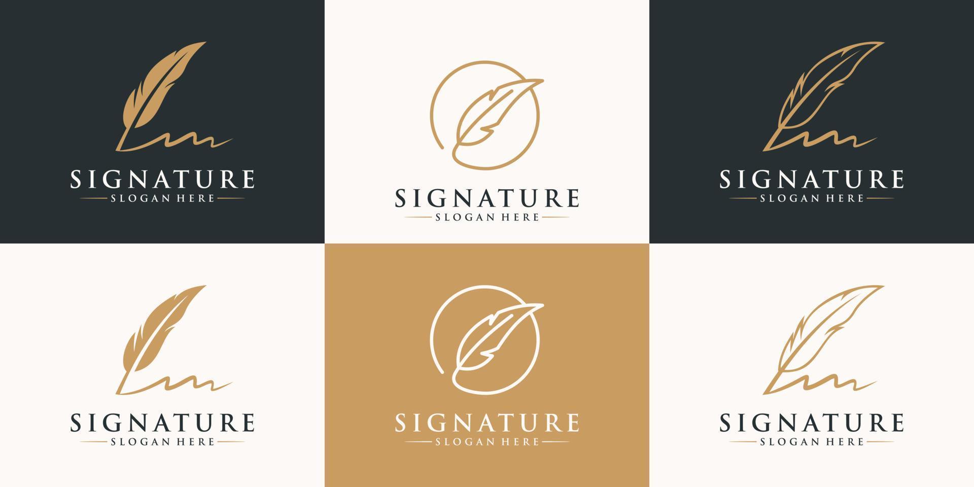 Set of golden quill signature logo design. Minimalist feather ink logo template. vector