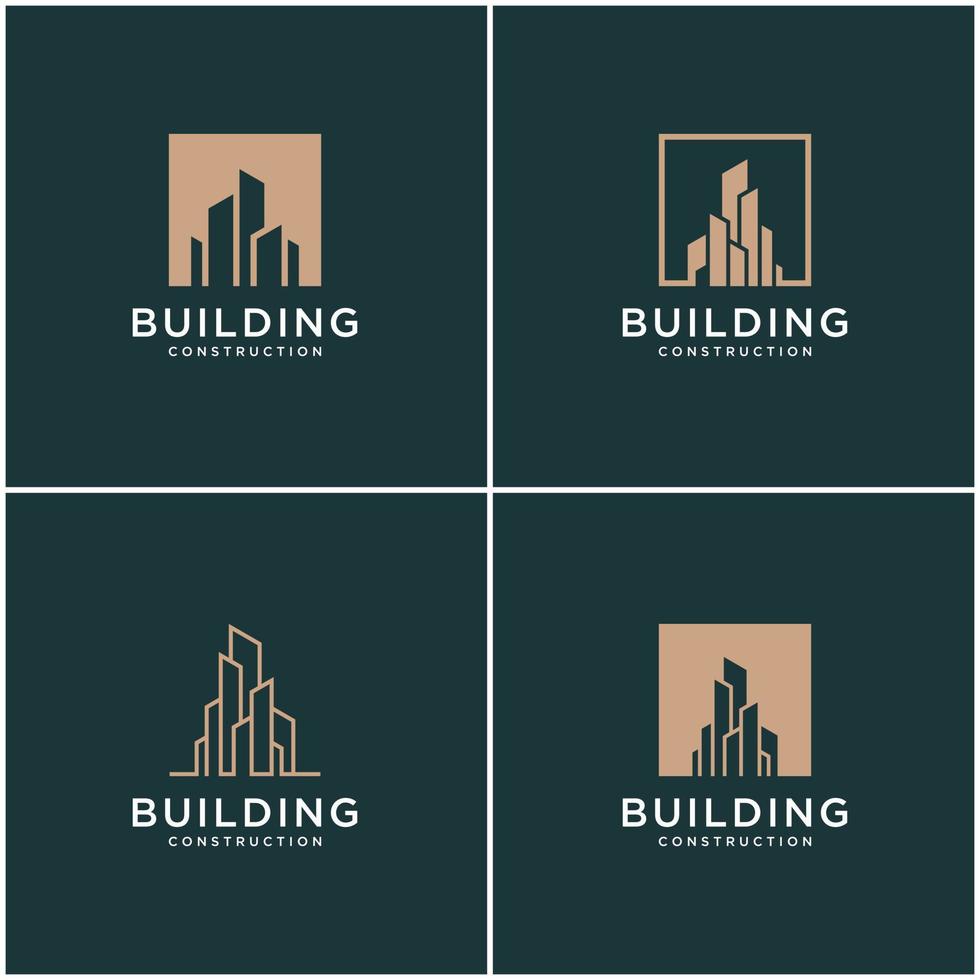conjunto de construcción de colección diseño de logotipos construcción de paquetes. Tarjetas de visita premium, inspiradoras logotipos abstractos de construcción de ciudades. vector