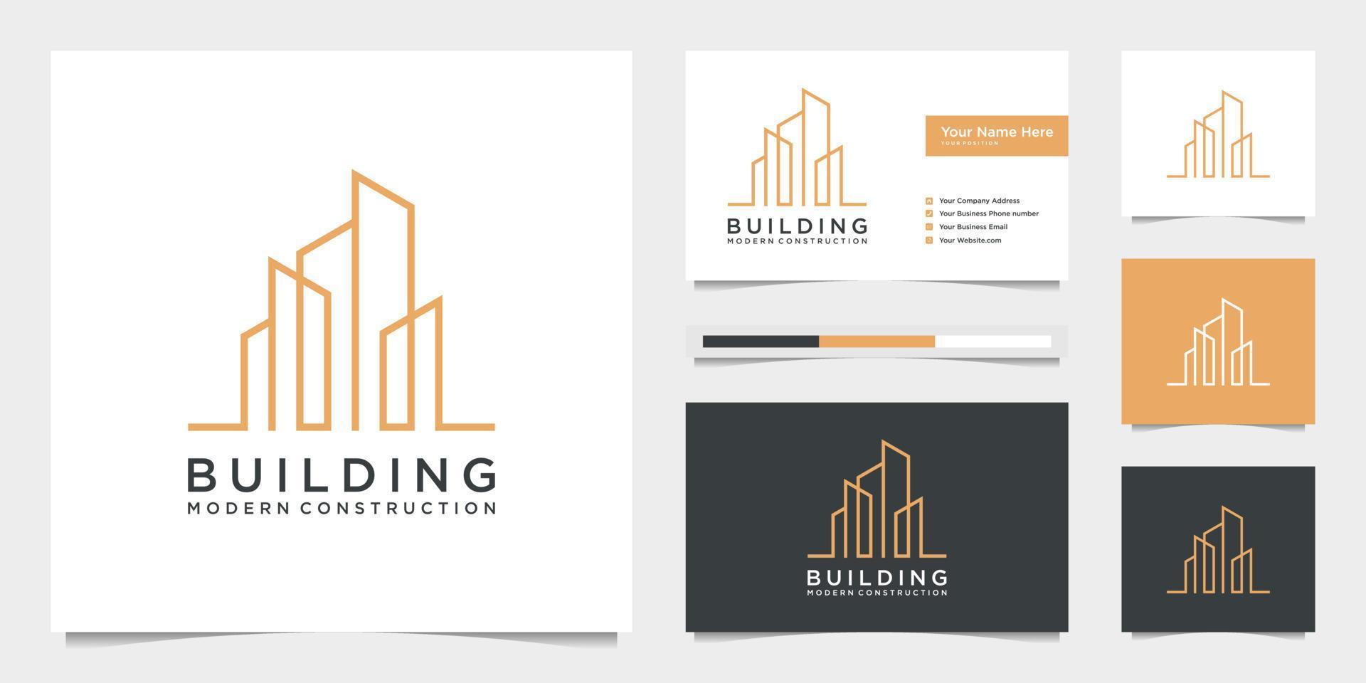 logotipos de diseño de edificios con líneas. construcción, apartamento y arquitecto. diseño de logotipo premium y tarjetas de visita. vector