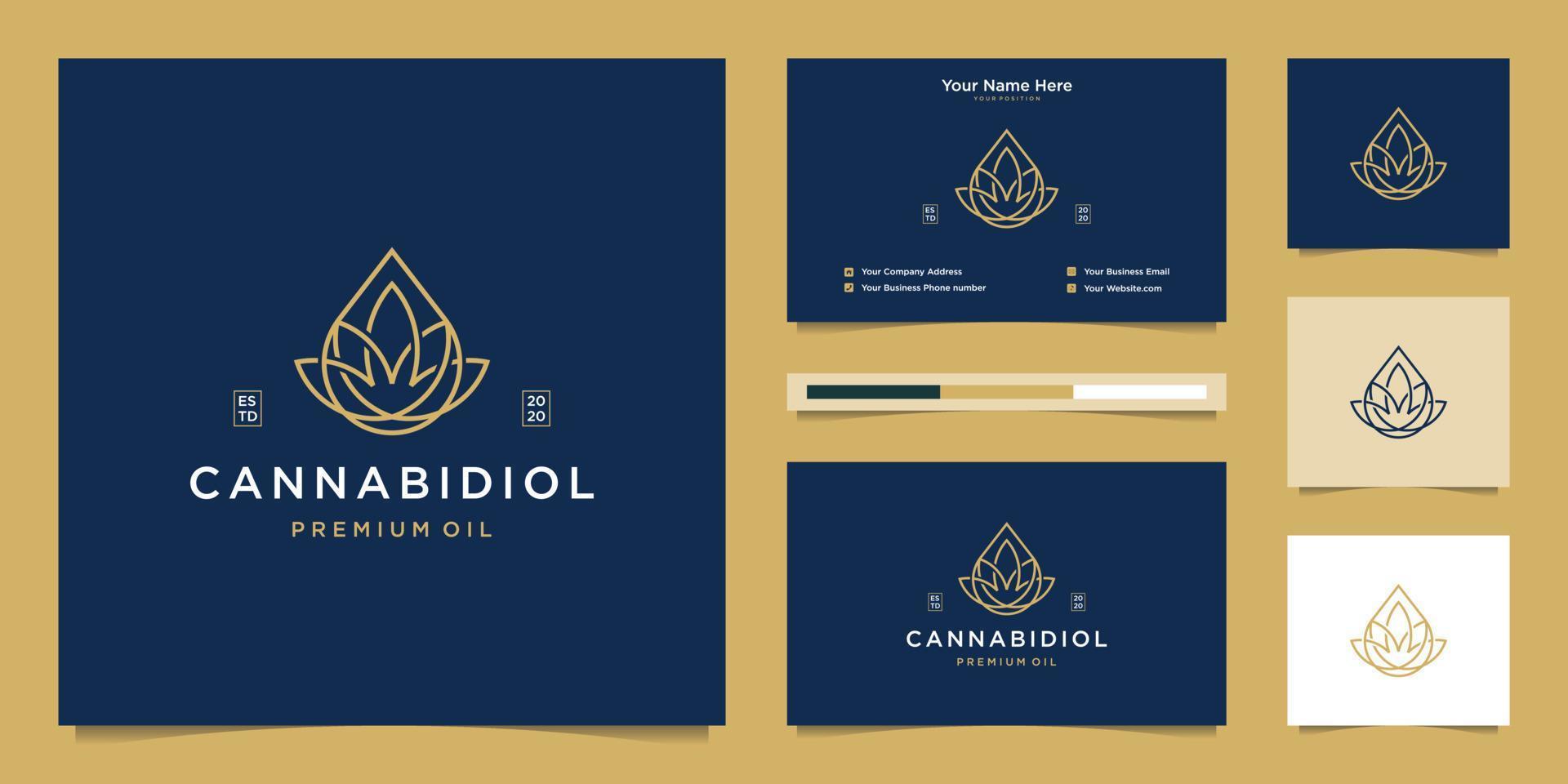 Luxury leaf and drop with line art style. premium cbd oil, marijuana, cannabis logo design and business card. vector