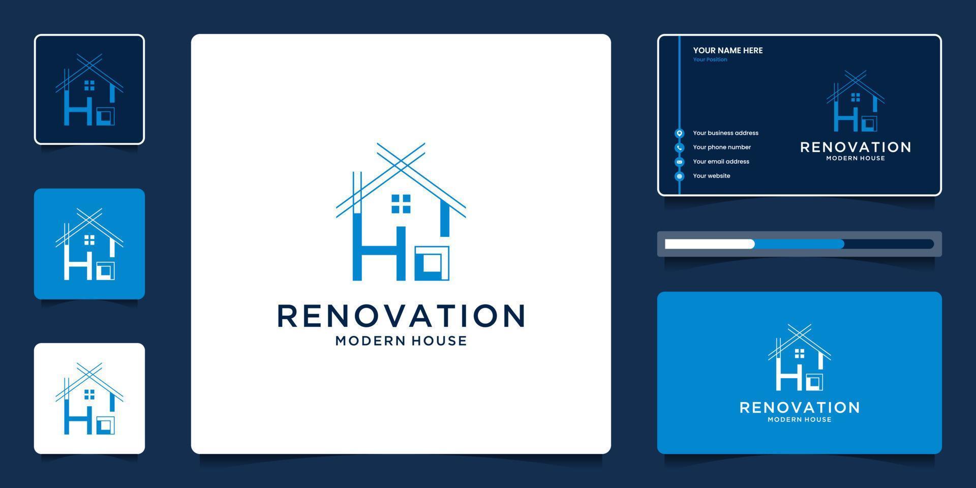 House architecture logo template. Creative real estate symbol for renovation with business card. vector