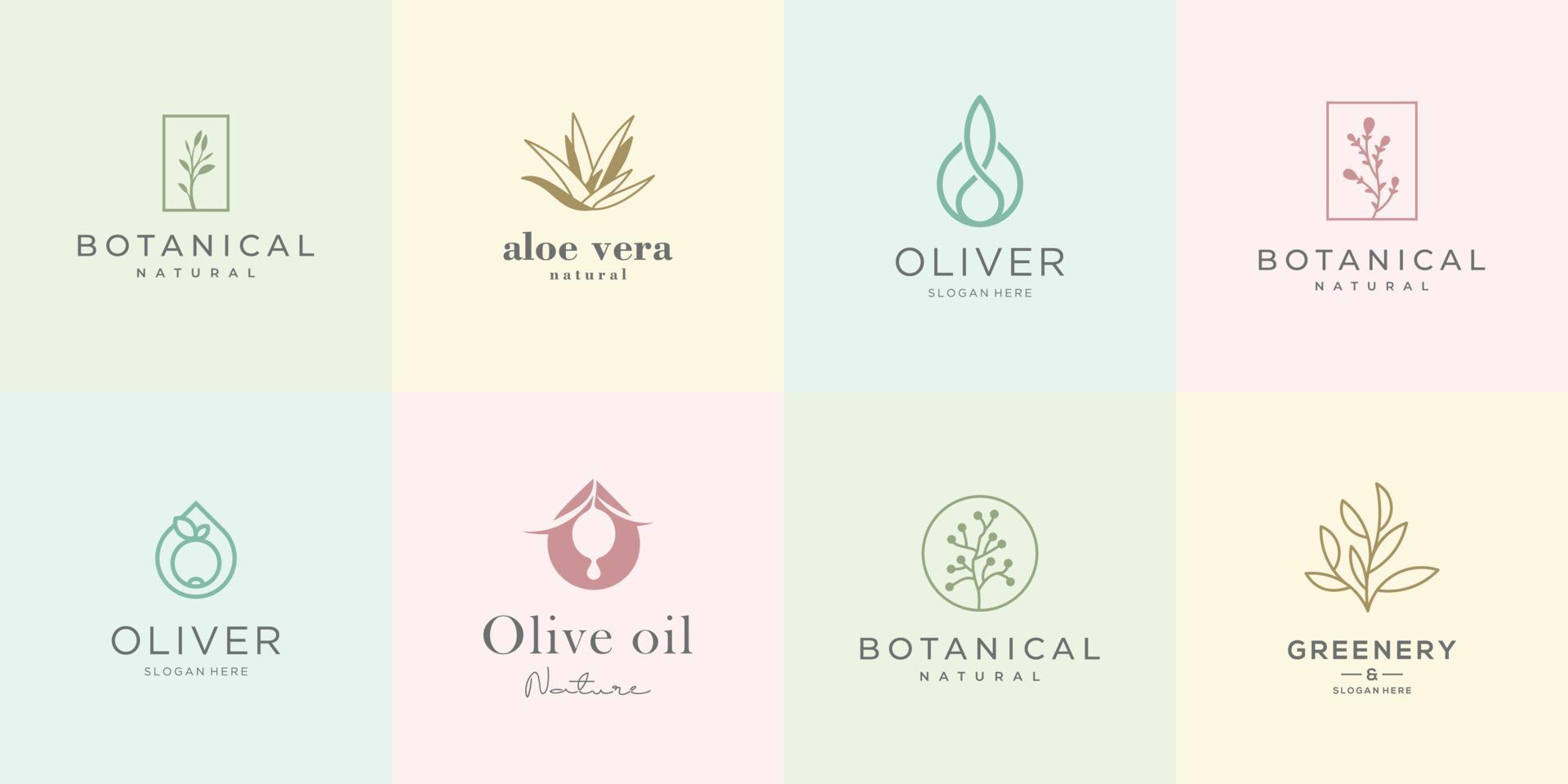 feminine design logo collection. elegant roses, botany, aloe vera, olive oil, greenery and nature. vector