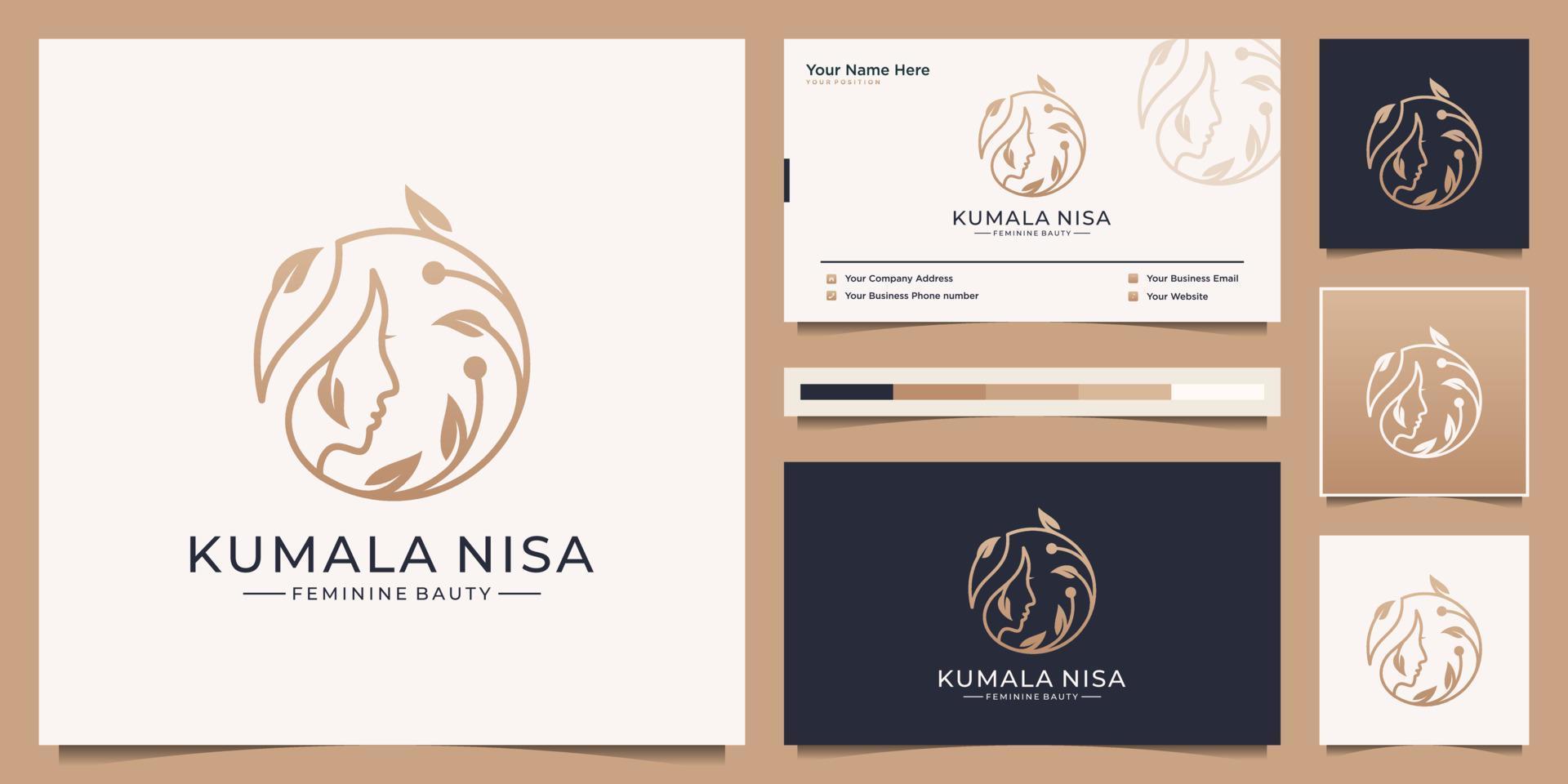 cara de mujer de belleza con diseño de logotipo de flor de rama de lujo. marca de tarjeta de visita minimalista y elegante para mujer, salón, barbería, corte de pelo, cambio de imagen y moda. vector