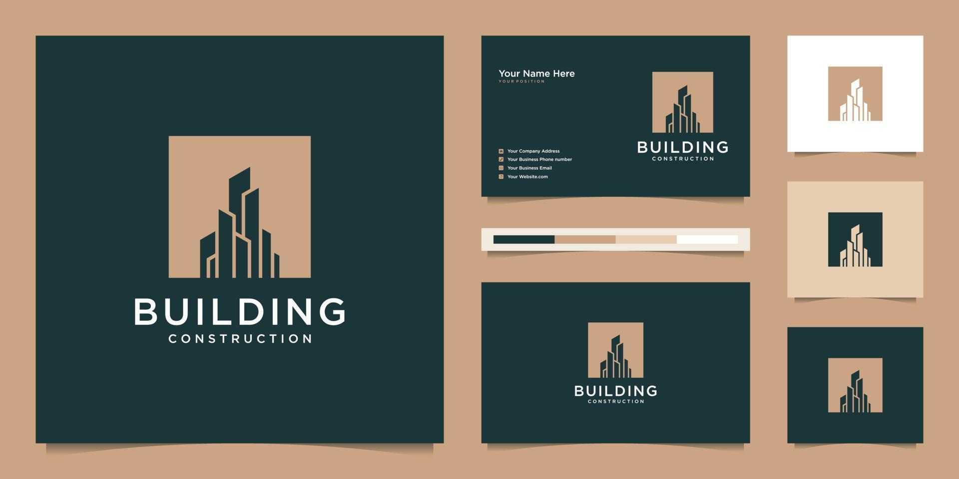 diseño de logotipo de construcción con concepto moderno. resumen de construcción de edificios de la ciudad para la inspiración del diseño del logotipo. diseño de logotipo y vector premium de tarjeta de visita