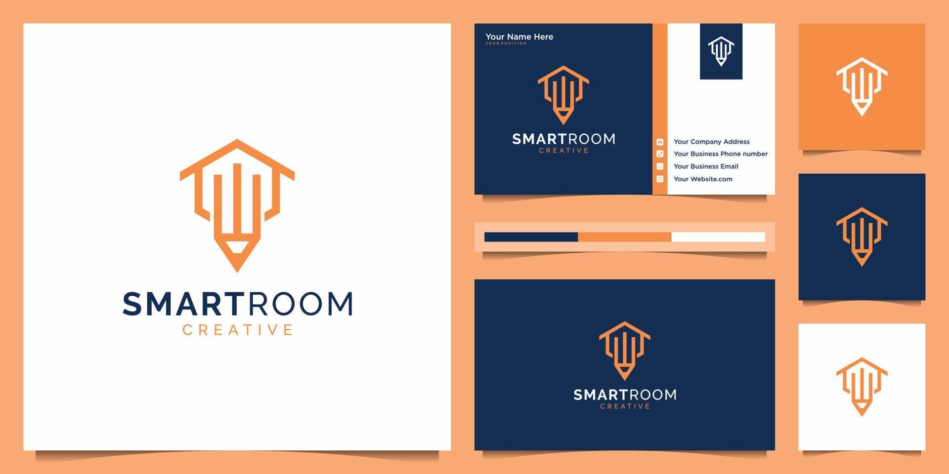 Modern gradient pencil and home with liner style. Creative room logo design and business card. vector