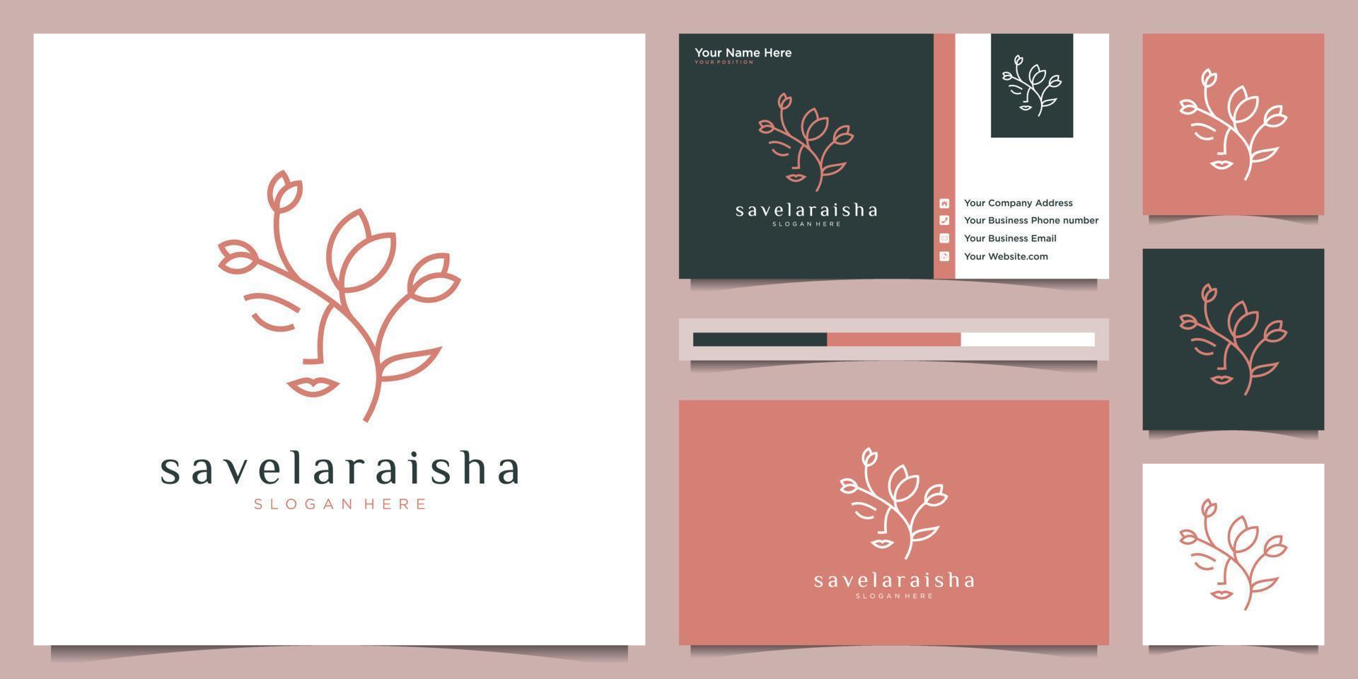 cara de mujer con diseño de logotipo de flores y tarjeta de visita. logotipo de mujer natural para salón de belleza, spa, cosmética y cuidado de la piel. plantilla femenina de lujo. vector