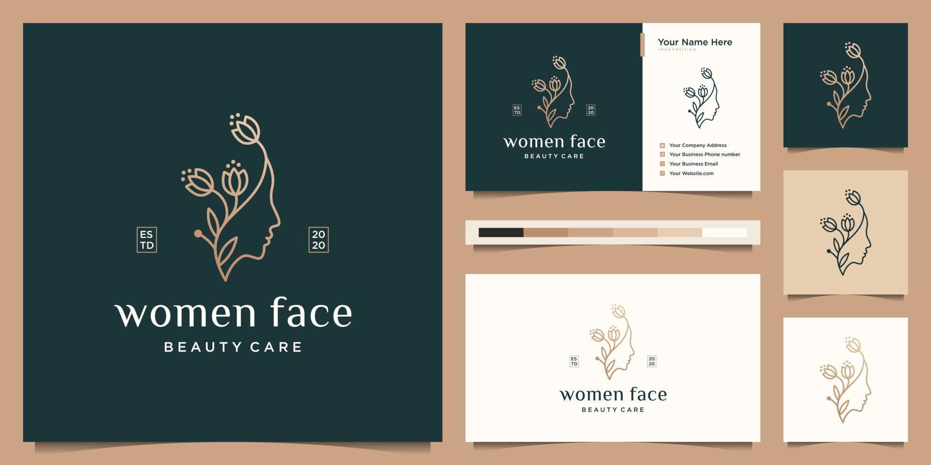 flor de cara de mujer de belleza con logotipo de estilo de arte de línea y diseño de tarjeta de visita. concepto de diseño femenino para salón de belleza, masaje, revista, cosmética y spa. vector