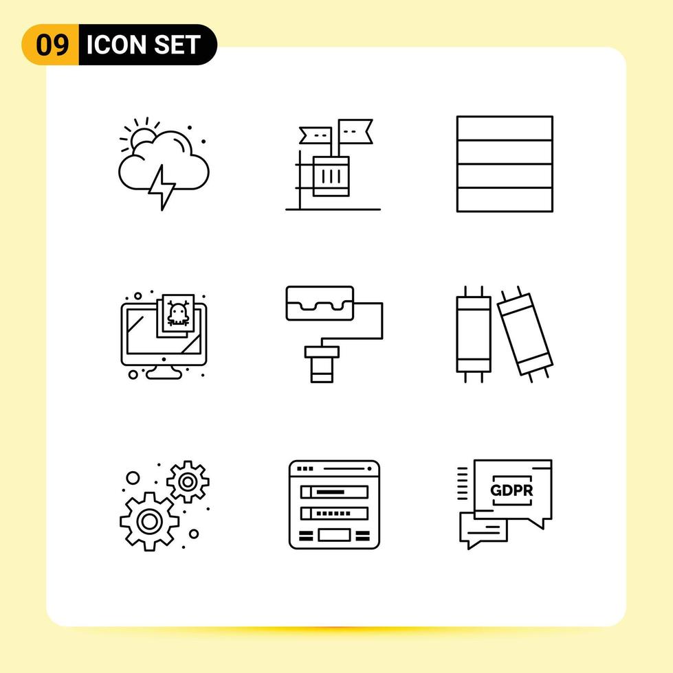 9 User Interface Outline Pack of modern Signs and Symbols of lamp roller grid pattern security Editable Vector Design Elements