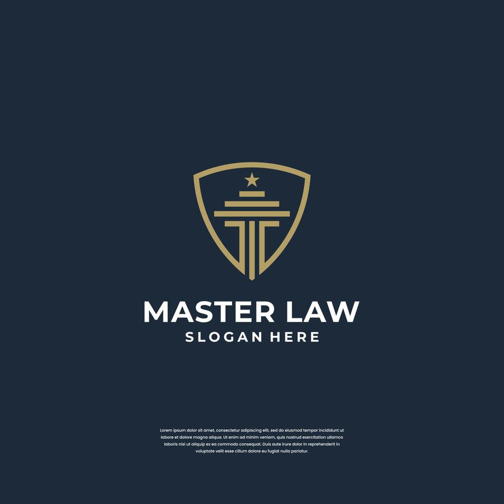 Law of Justice logo design pillar with shield symbol. minimalist logo with line art style vector