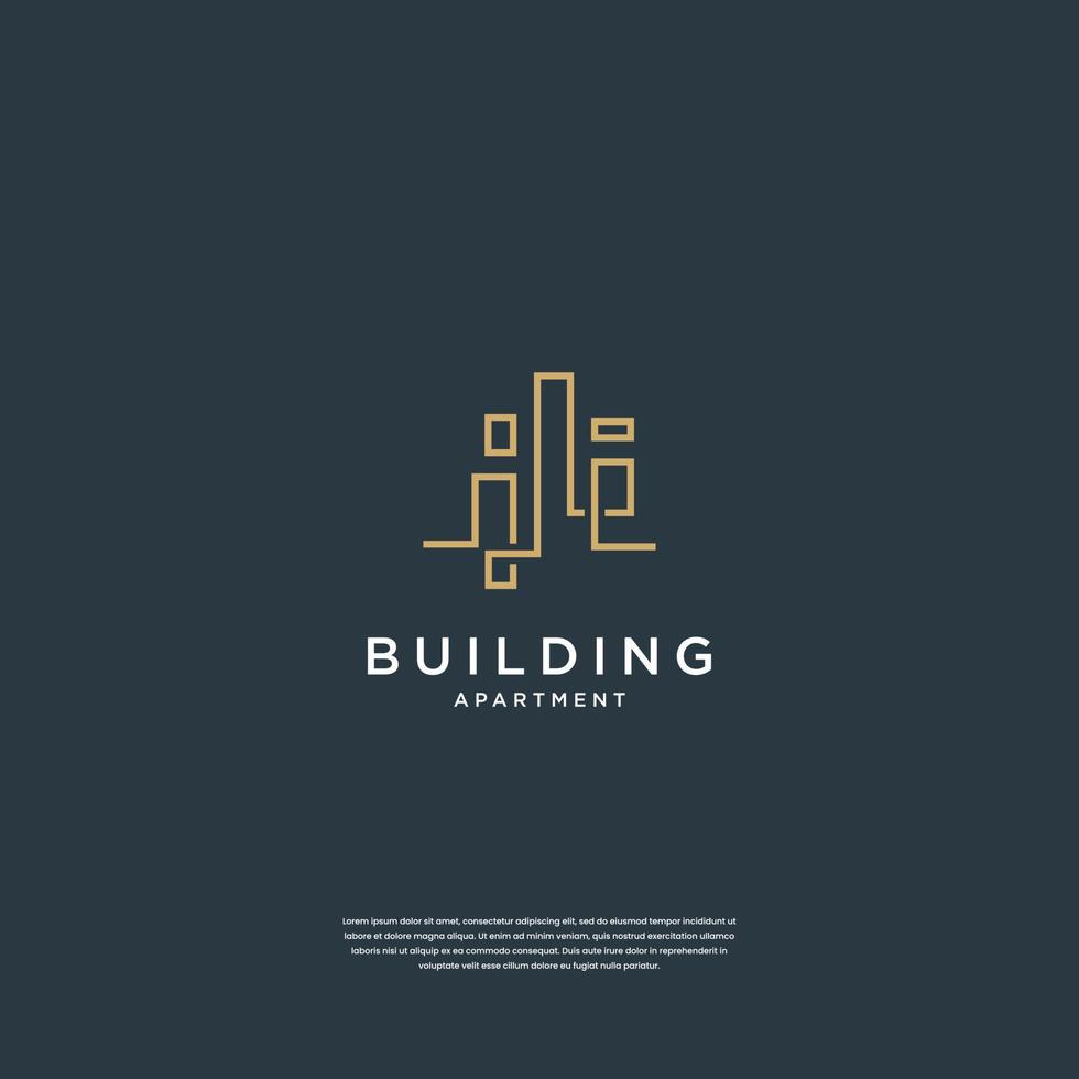 diseño de logotipo de edificio creativo bienes raíces, arquitectura, construcción con estilo de arte de línea vector