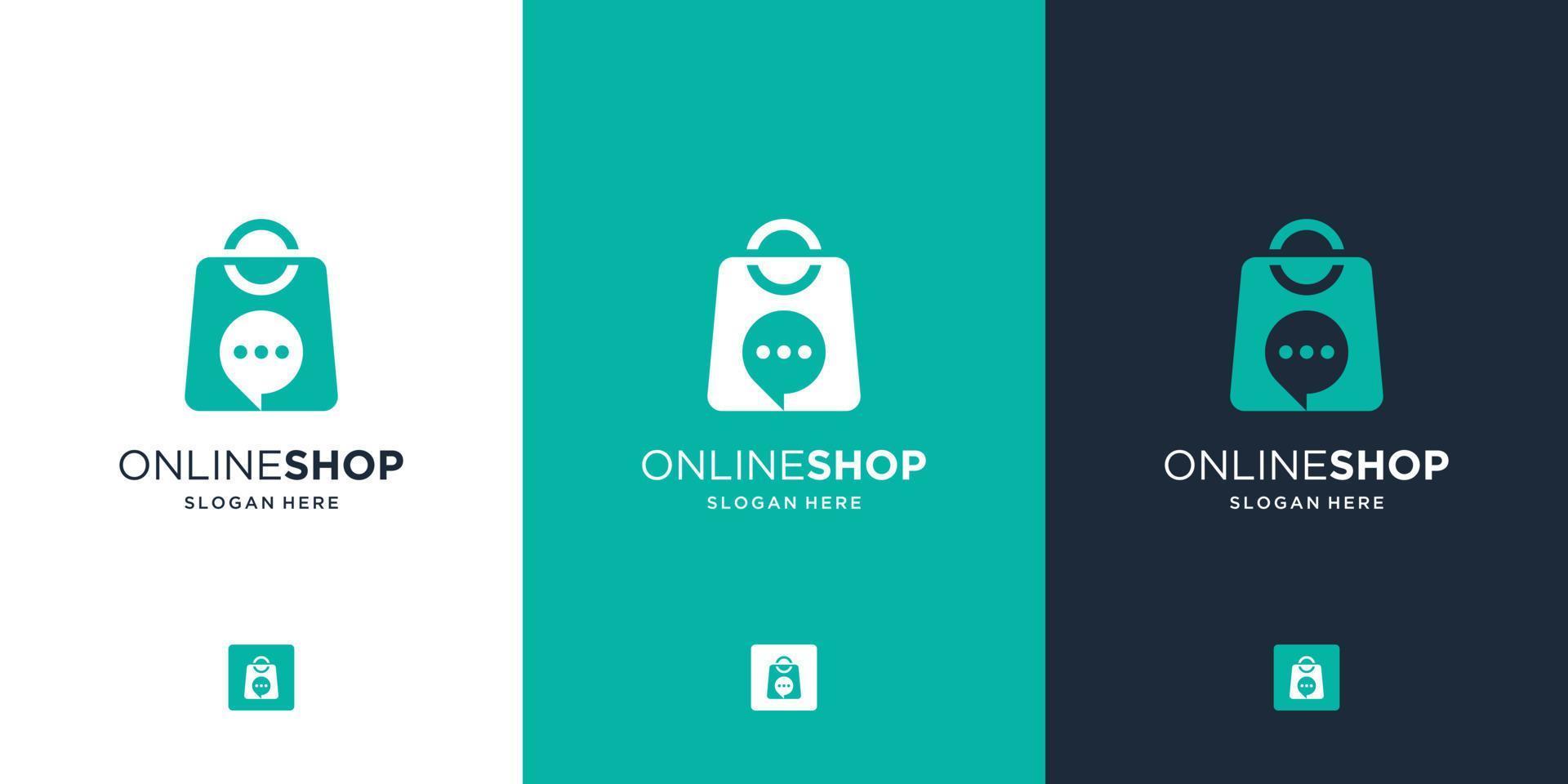 Modern online shop logo with creative combine bag and bubble chat symbol vector