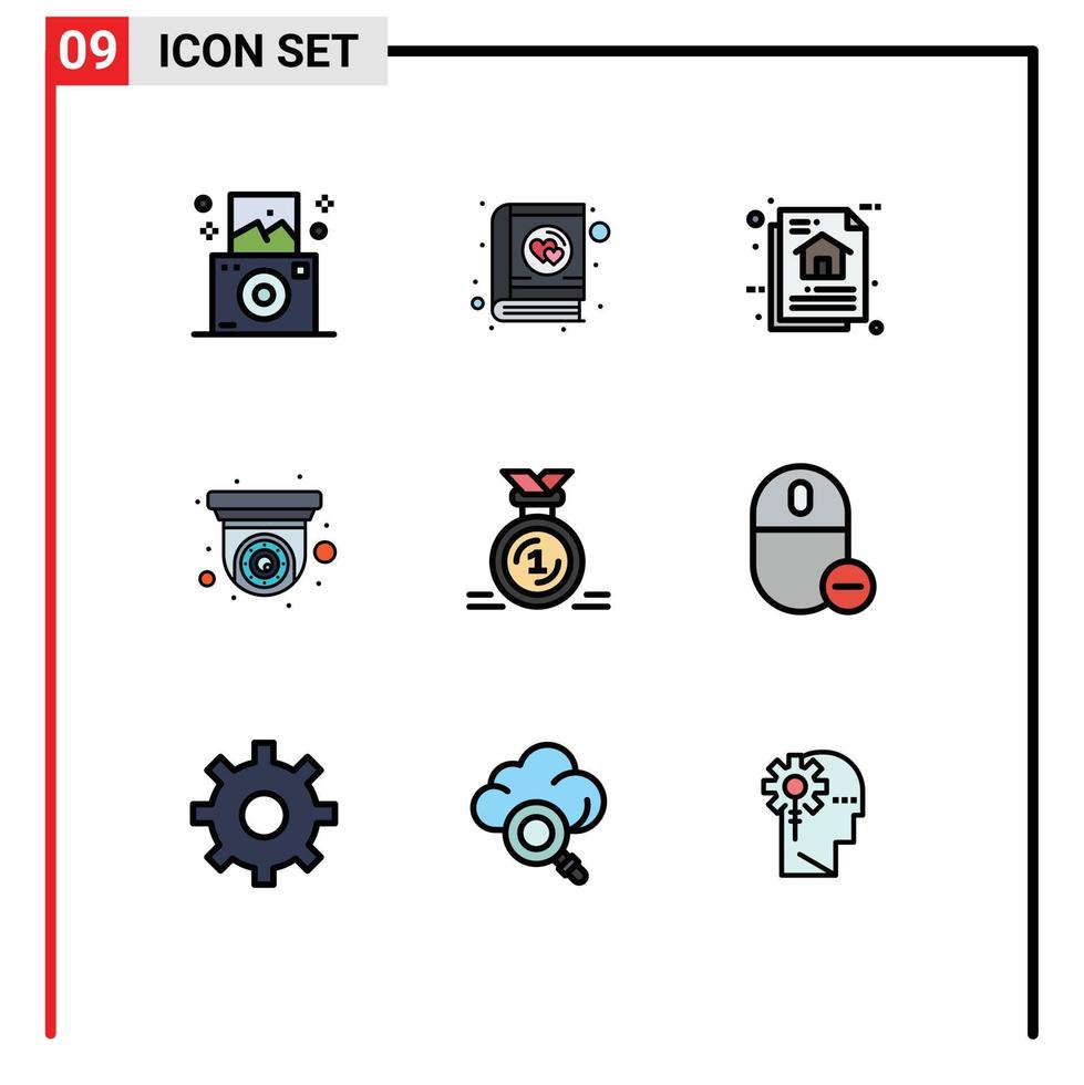 Group of 9 Modern Filledline Flat Colors Set for medal security camera data security camera Editable Vector Design Elements
