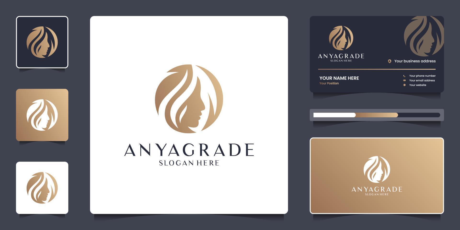 Beauty women face and leaf logo template. Luxury logo design for branding salon with business card. vector