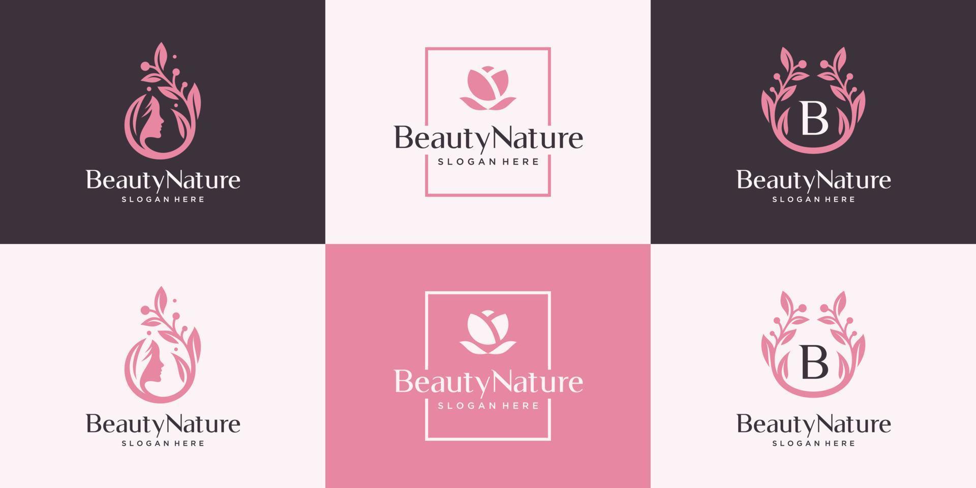 Set of abstract feminine logo design template. Beauty combine women face, flower and branch. vector