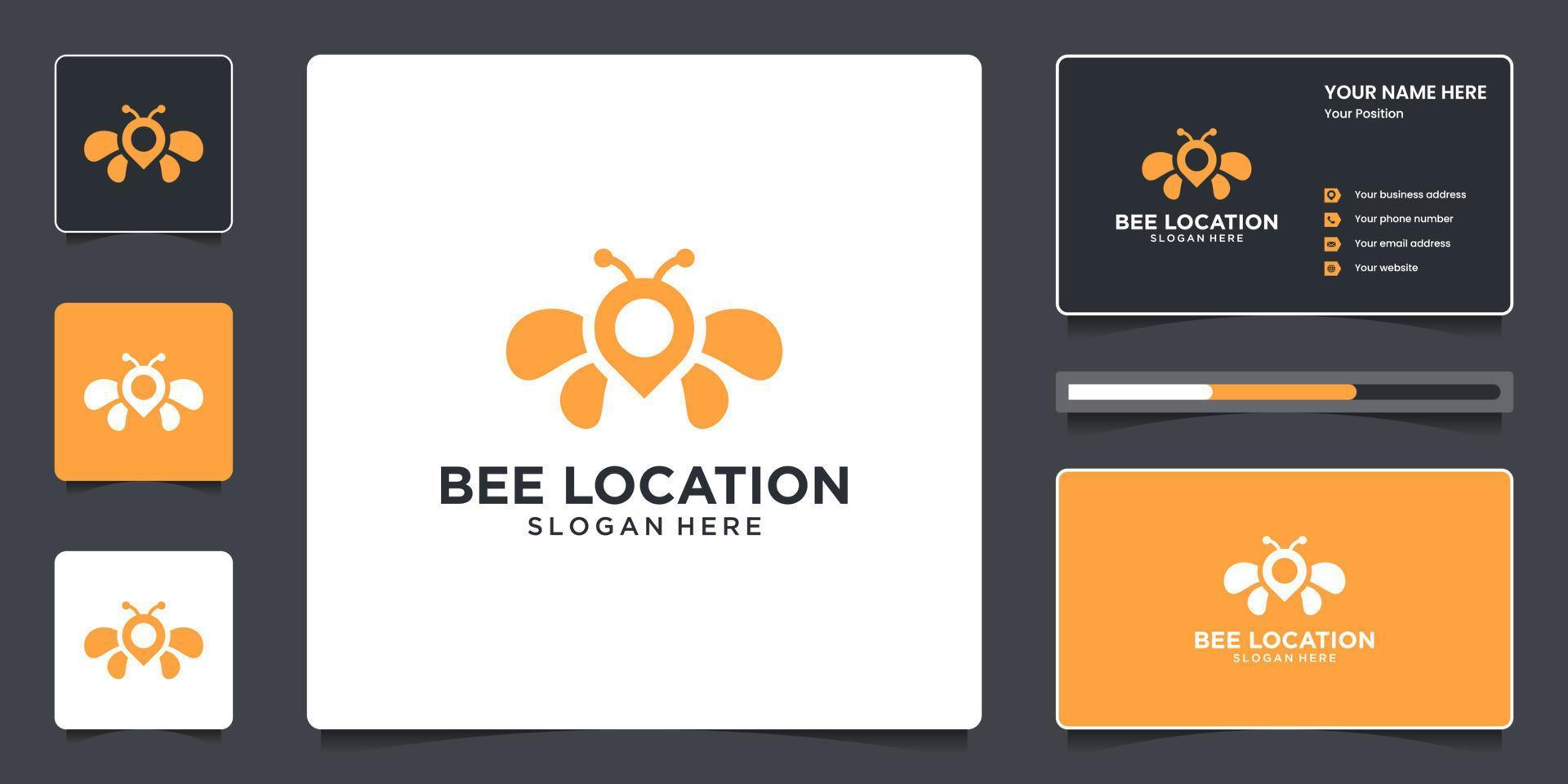 Creative Bee with pin location symbol logo design and business card vector