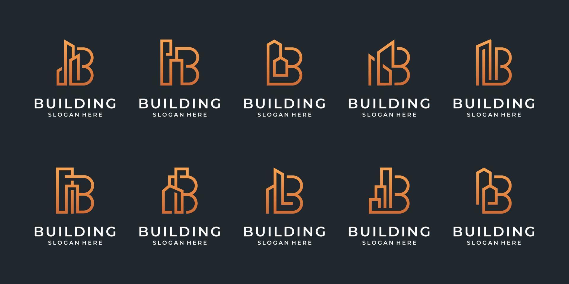 building logo design collection. set a creative initial letter b with real estate symbol. minimalist monogram and line art style. vector
