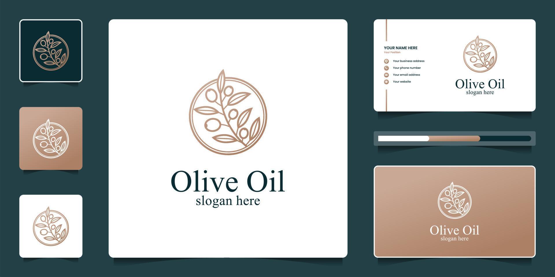 diseño de logotipo de olivo y aceite de lujo y tarjetas de visita vector