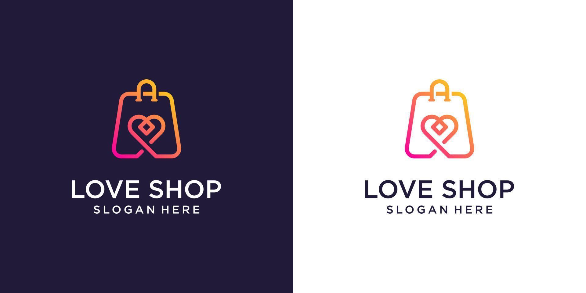 Online Shop logo designs template, Bag Shop and love symbol logo icon vector