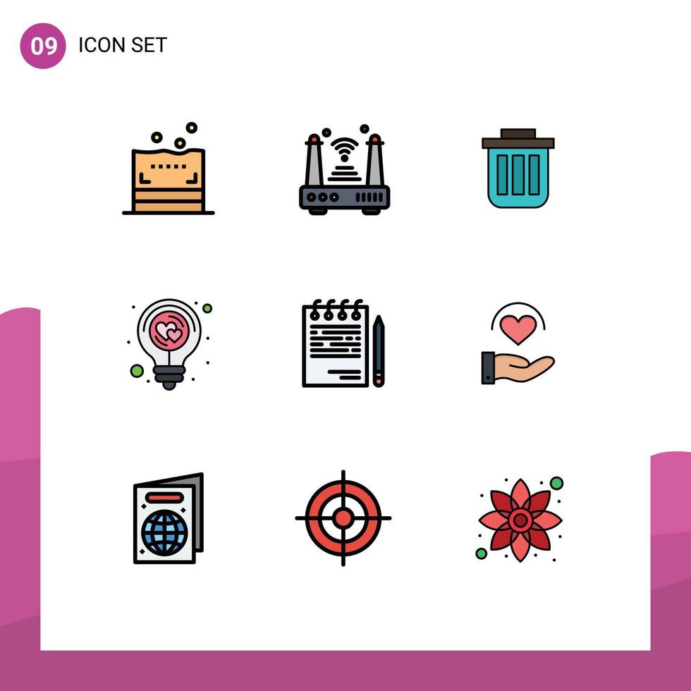 User Interface Pack of 9 Basic Filledline Flat Colors of heart bulb trash office container Editable Vector Design Elements