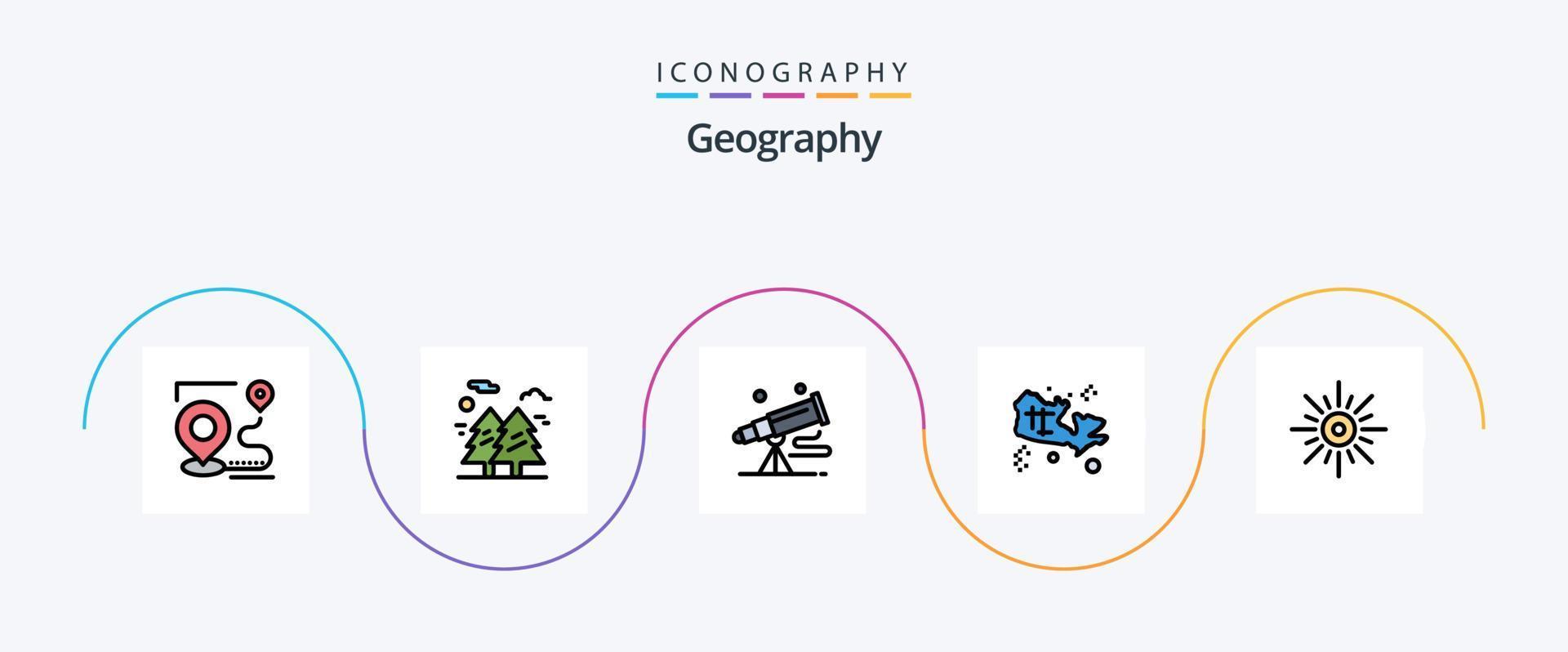 paquete de iconos de 5 planos llenos de línea geográfica que incluye tesoro. mapa. senderismo. espacio. telescopio vector