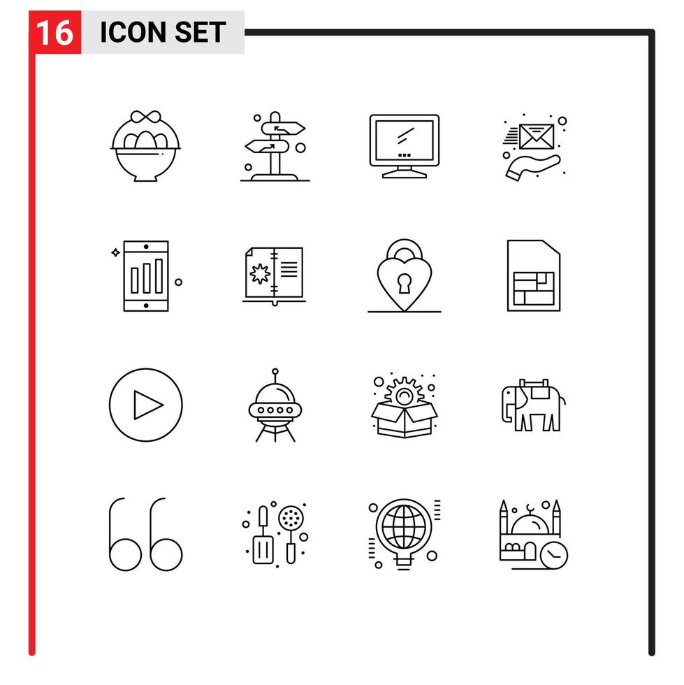 Paquete de 16 esquemas de interfaz de usuario de signos y símbolos modernos de elementos de diseño de vector editables de PC de sobre de computadora de mano móvil